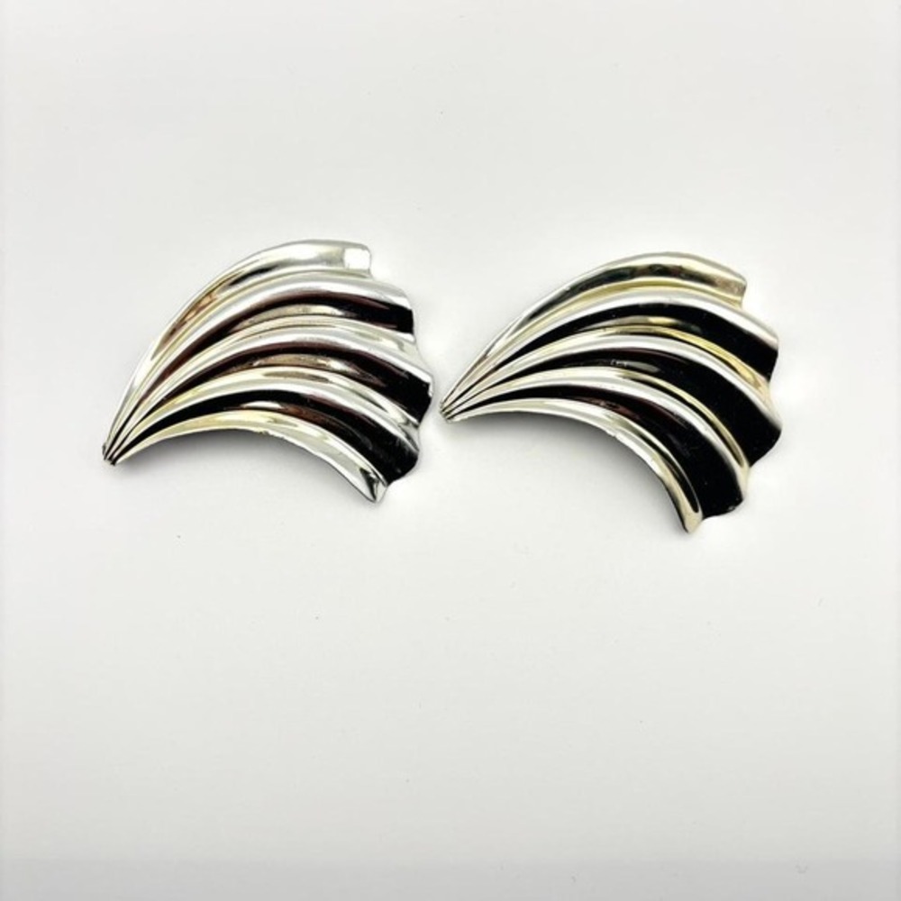 Vintage Silver Toned Sculptural Seashell Hair Clips Barrettes Art Deco Wings‎